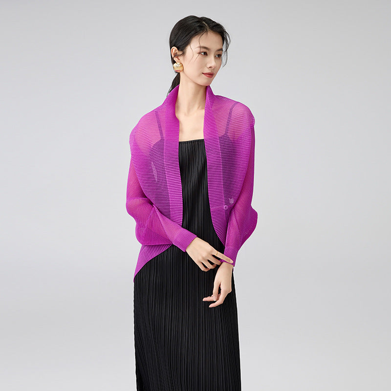 Summer Semitransparent Lightweight Pleated Coat For Women Mesh Bat Sleeve Cardigan Casual Jacket