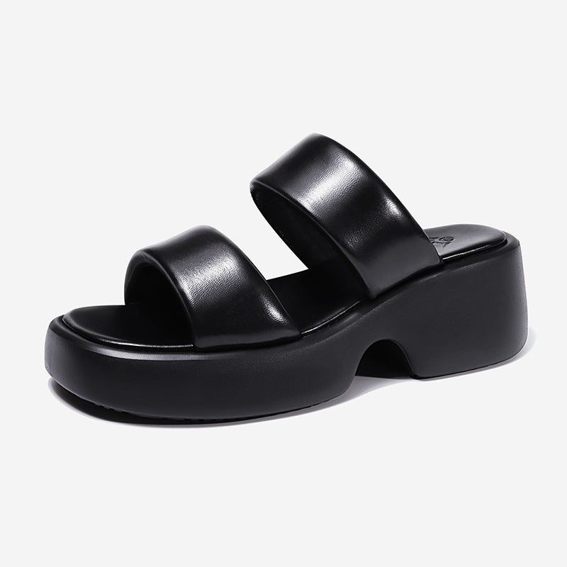 Genuine Leather Slippers Women Soft Sheepskin Upper and Lining Summer Platform Open Toe Lightweight Handmade Ladies Shoe