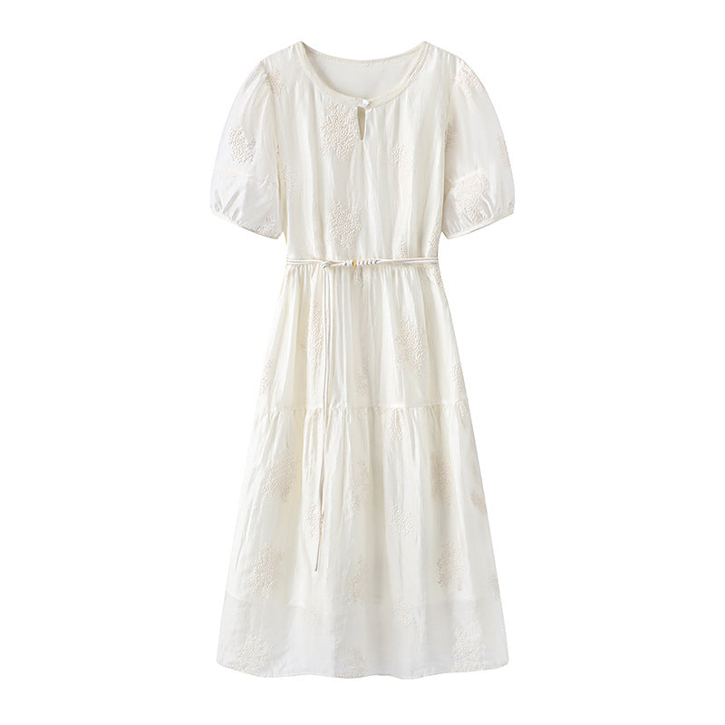 Summer New Vintage Elegant Soft Waist-Fitted Slimming Petite Long Dress White Lace Dresses Fresh Style