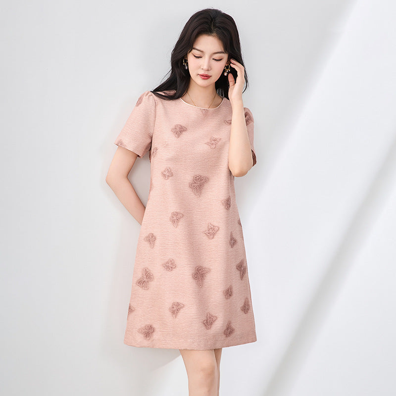 New Premium Tencel Linen Dress Butterfly Embroidery Ombre Dye French Elegant A-Line Slimming Resort Chic