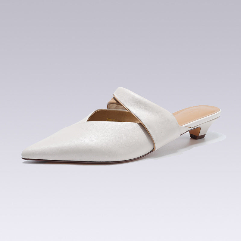Women Sandals Genuine Leather Pointed Toe Thick Heels Mules Slippers Shoes Woman Spring Summer Office Ladies Casual