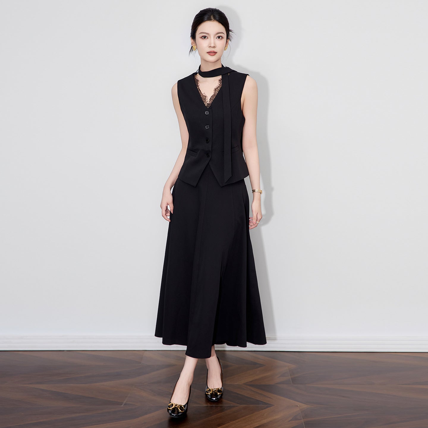 Elegant Spring Street Outfit Women Irregular V-neck Single Buckle Vest+loose High Waist Knee Length Skirt Female Two Piece Set