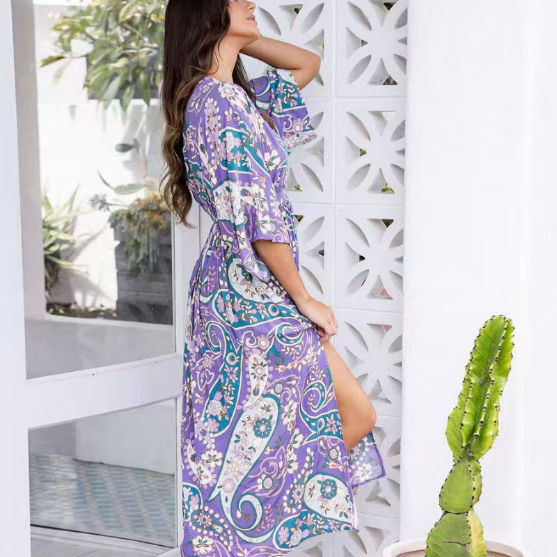 Elegant Vacation Dress Women Summer New Casual V-Neck Bat Sleeve Waist Long Dresses Loose Printed Bohemian Style Female Vestidos