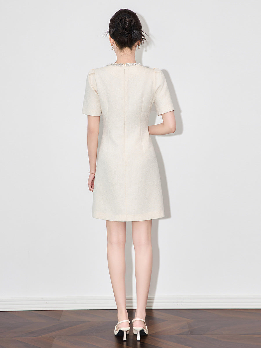 Neck Pearl Mini Dress Women's Summer New Style Luxury Brand Name Lady Heavy Embroidery Work Small Fragrance Style