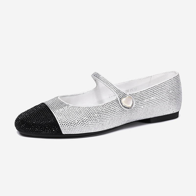 Black Sheep Suede Mary Jane Shoes Square Toe Belt Buckle Crystal Single Shoe Low Heel Women's Shoes