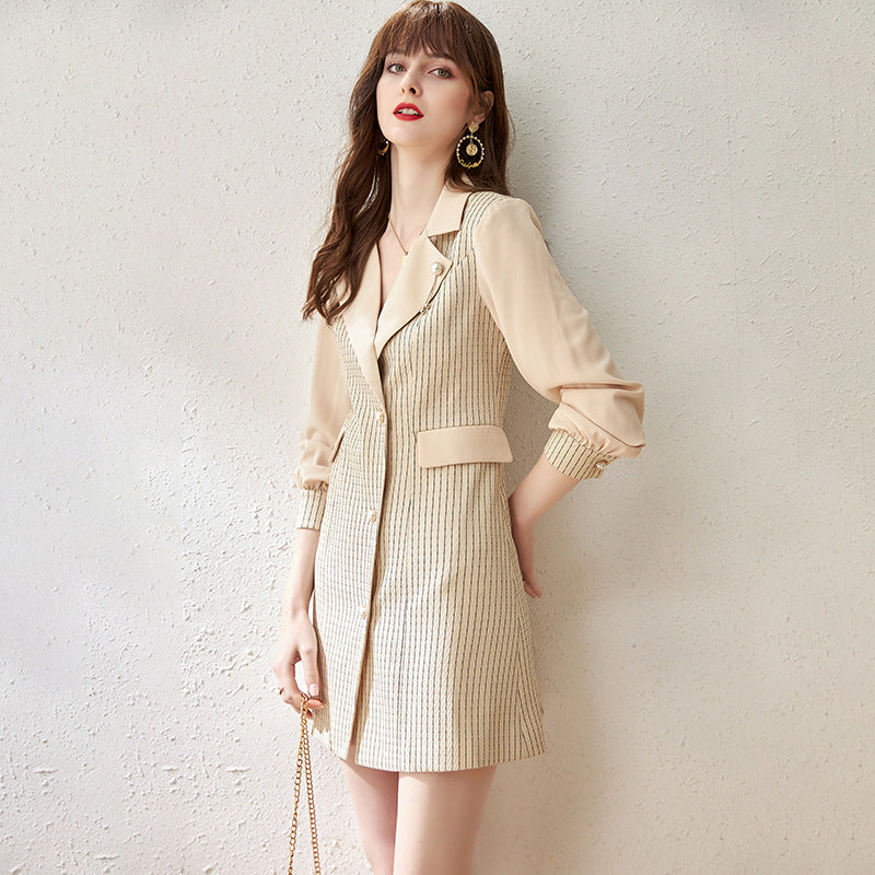 Loose Draped Mini Dress with Small Fragrance Style Spring New Arrival Women's Work Commute Skirt V Neck Full Sleeve Polyester