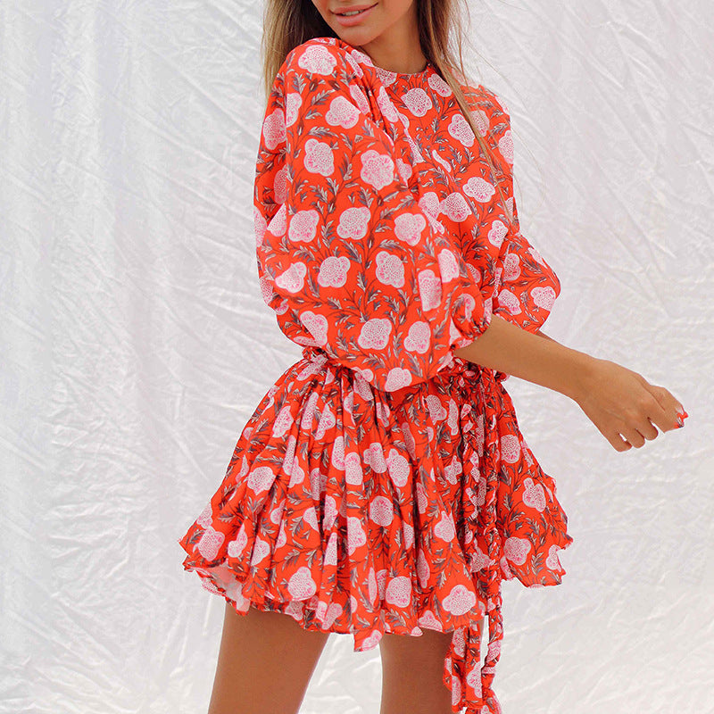 Summer Polka Dot Puff Long Sleeve A-line Dress Elegant O Neck High Waist Lace-up Dress Fashion Temperament Ruffles Short Dresses