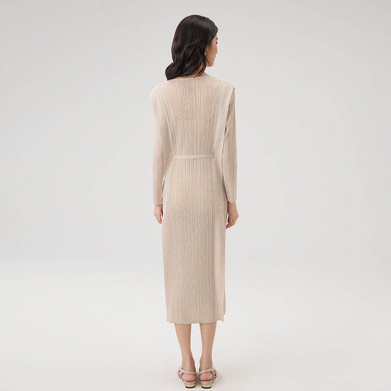 Spring and Summer New Fashion Simple Pure Collar Tie Pleated Dress