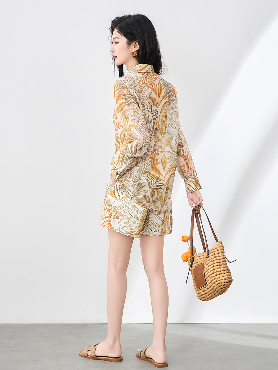 Laid-back Vacation Style Printed Shirt Casual High Waist Shorts Two-piece Set Polyester Fiber from Mainland China
