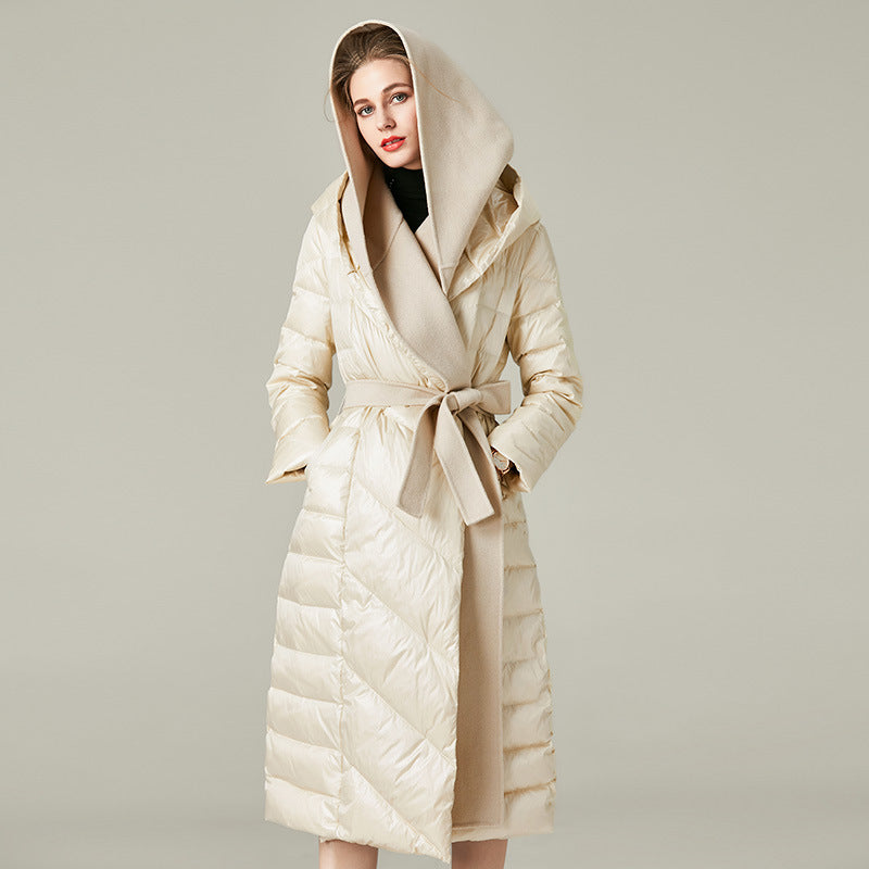 Wool Patchwork Hooded Long Puffer Jackets Women Elegant Slim Warm Winter Coat Belt New Autumn Female Down Parkas Overcoat