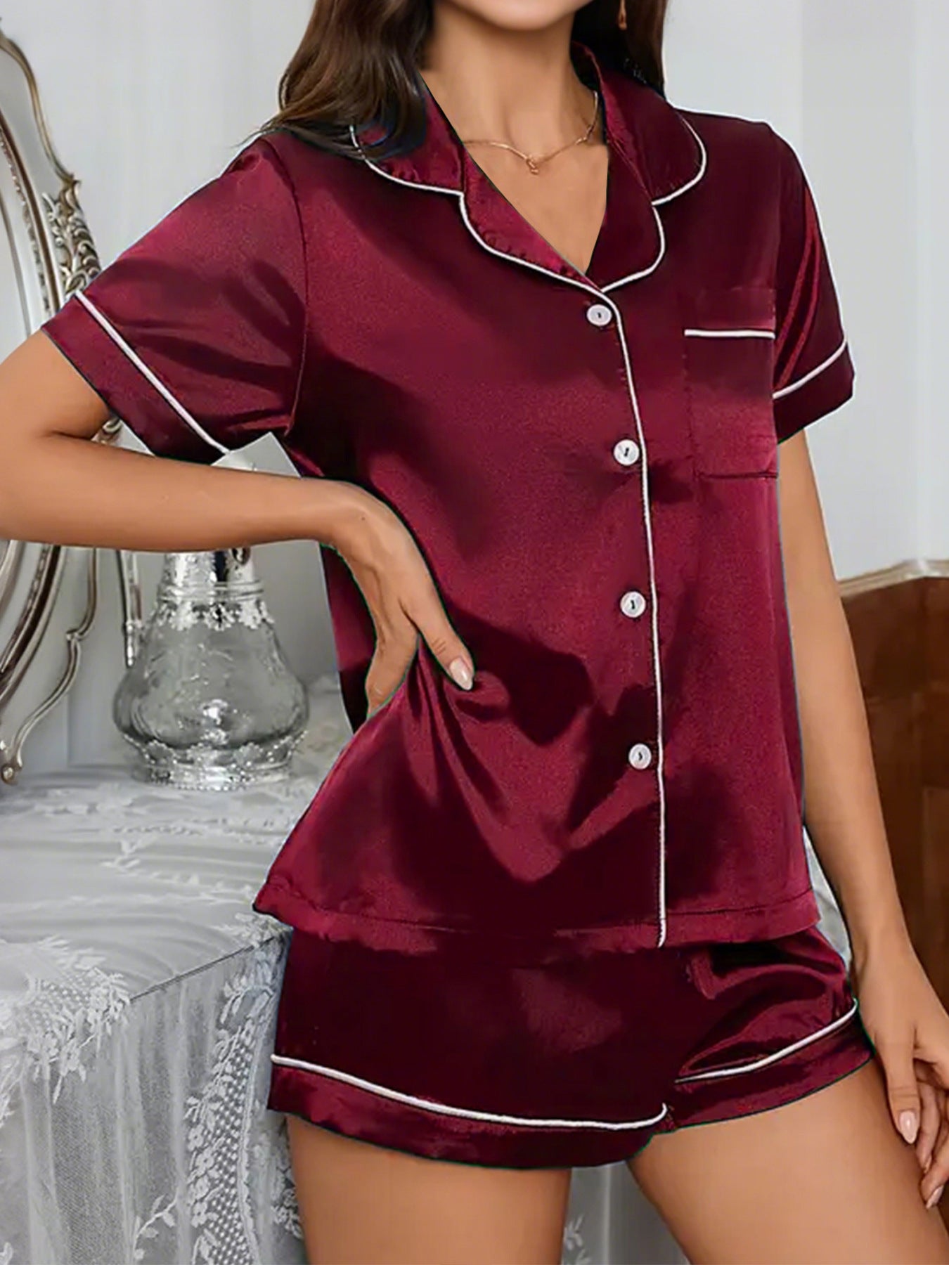 Luxurious Satin Pajama for Women Sleepwear Summer Short Sleeve Tops with Button-Up Lapel Collar & Shorts Pyjama Femme Lounge Set