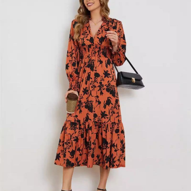 Summer Fashion New V-neck Long Sleeve High Waist Floral Elegance Dress for Women