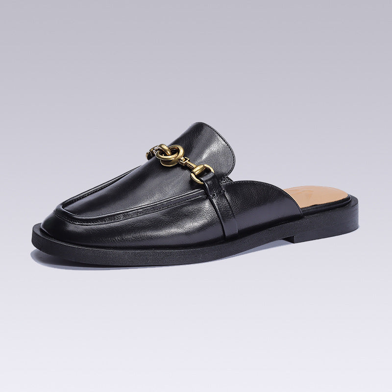 Genuine Leather Round-Toe Woman Slippers Mules Slides Metal Decora Loafers Female Oxfords Clogs