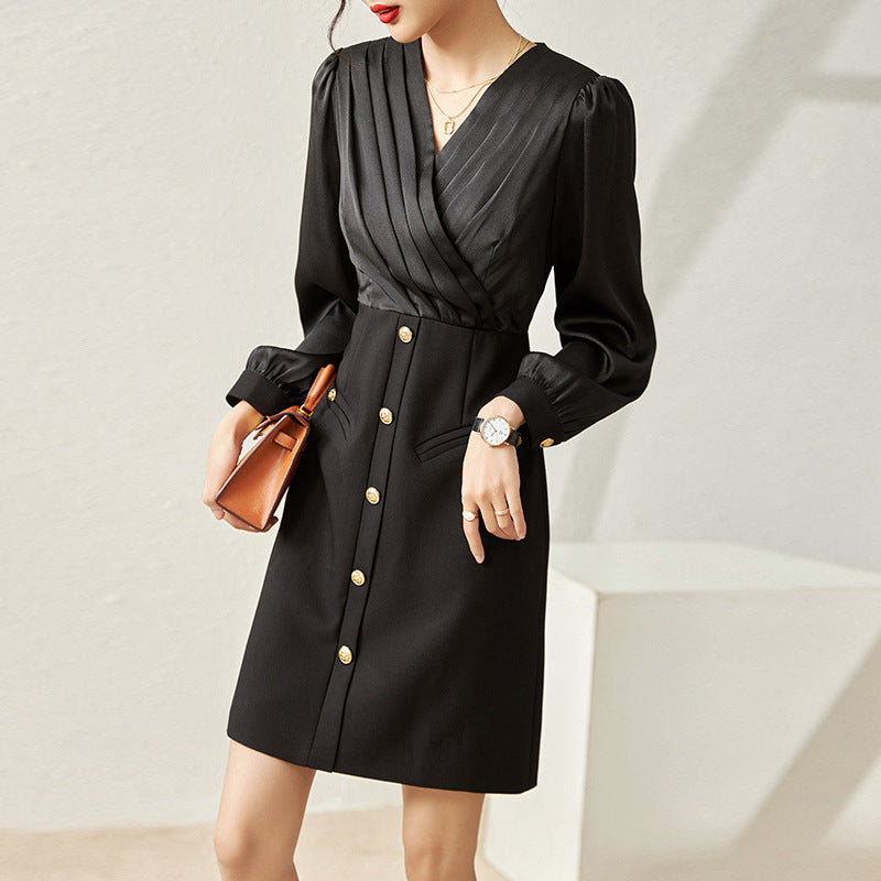 Spring Elegant V-neck Slim Buttons Female Solid Bodycon Mini Dress Stylish Long Sleeve Women Skinny Package Hip Dress