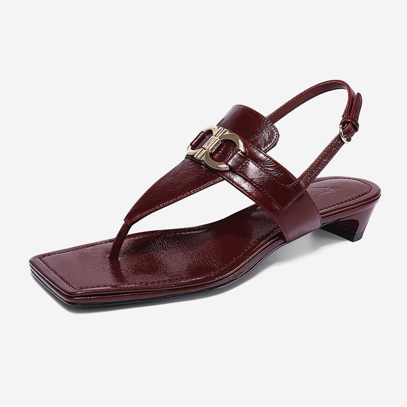 Women Flip Flops Shoes Orange Chunky Heel Party Heels New Ladies Big Size T-Strap Heeled Shoe