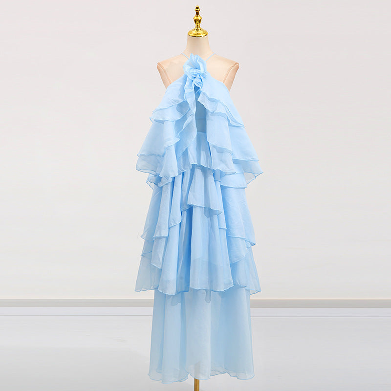 Sexy Ruffles Long Dress Women Flower Backless Sleeveless Party Beach Dresses Female Lady Multi Layers Summer Dress