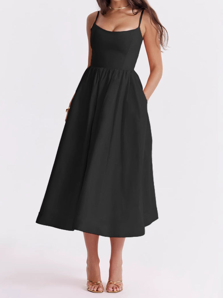 Women s Summer Midi Dress Solid Color Sleeveless Backless Party Dress Spaghetti Strap Beach Dress