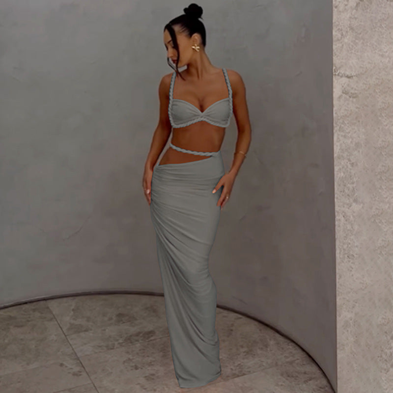 Woven Matching Women 2 Piece Sexy Vacation Outfits Pleated Crop Camis+Shirring High Waist Maxi Skirts