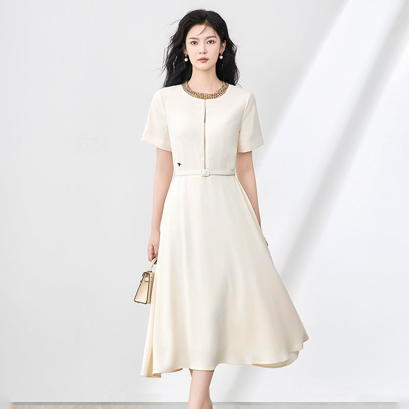 Elegant Simple Office Lady Summer Dress Beaded Round Neck Short Sleeves Embroidered High Waist Belt Slim A-line Long Dress Women