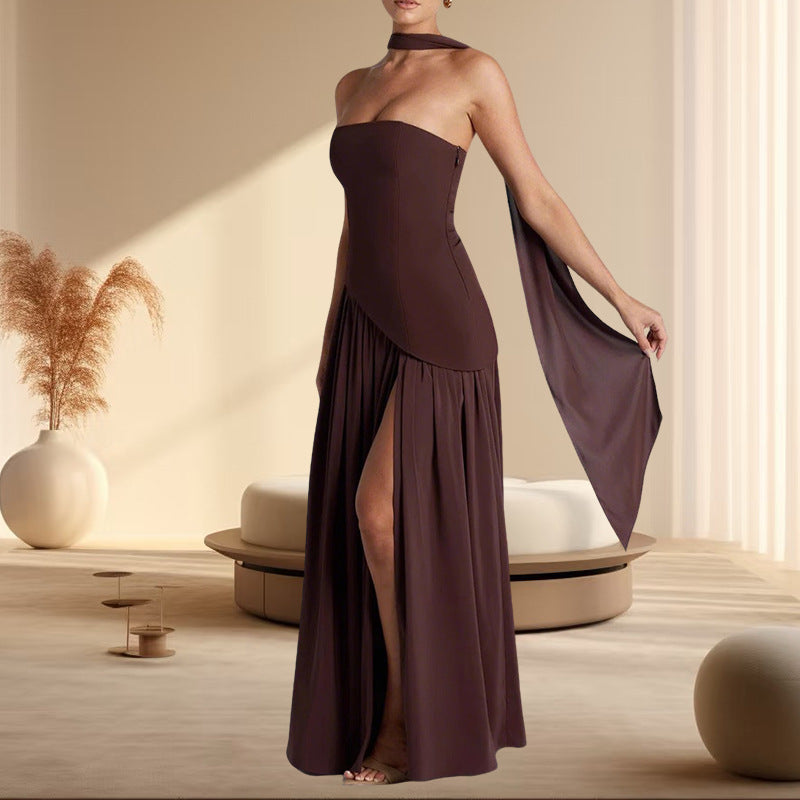 Shoulder Sexy Maxi Dress for Women Gown Patchwork Scarf Collar Thigh High Split Club Party Long Dress