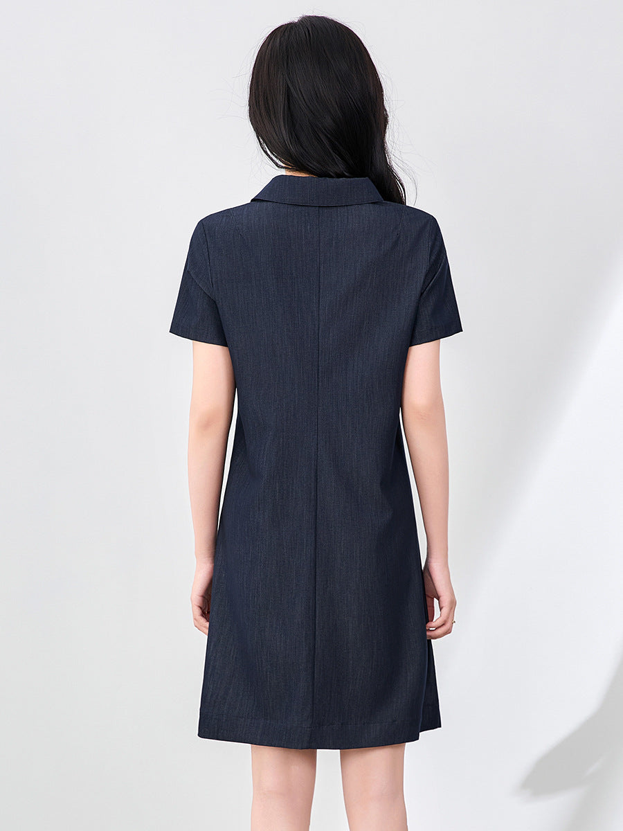 Women Turn-Down Collar Shirt Dress Half Open Zipper Short Sleeve Solid Color Mini Robe for Lady