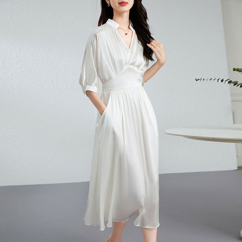 Elegant French V-neck Silk Dress Women Summer White Satin Long Skirt Great Sensation Ankle-length Loose Waist Design