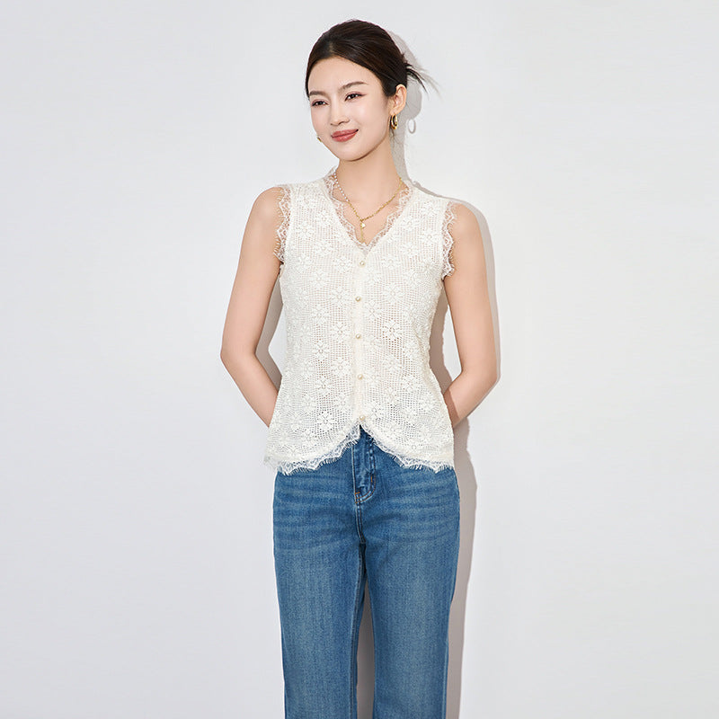 Ele Lace Vest Women's Faion Slimming Top Summer New Sle V-Ne Casual Outerwear Regular Length Single Piece