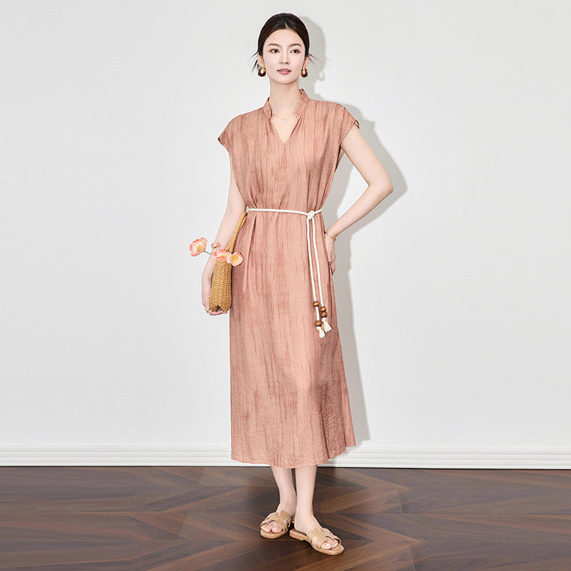 Pleated V Neck Dress Women New Waistband Design Elastic Loose Elegant Women Fashion Dress