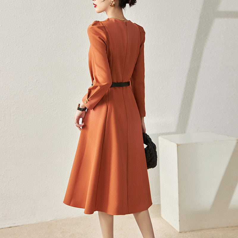 New Red Solid Women Dress Long Sleeve O-Neck Sheath OL Work Dresses With Belt