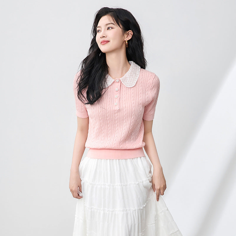 Summer Knitted Short Sleeve Shirt with Pearl Embellishment And Pleated Neck Design for Women Elegant Top