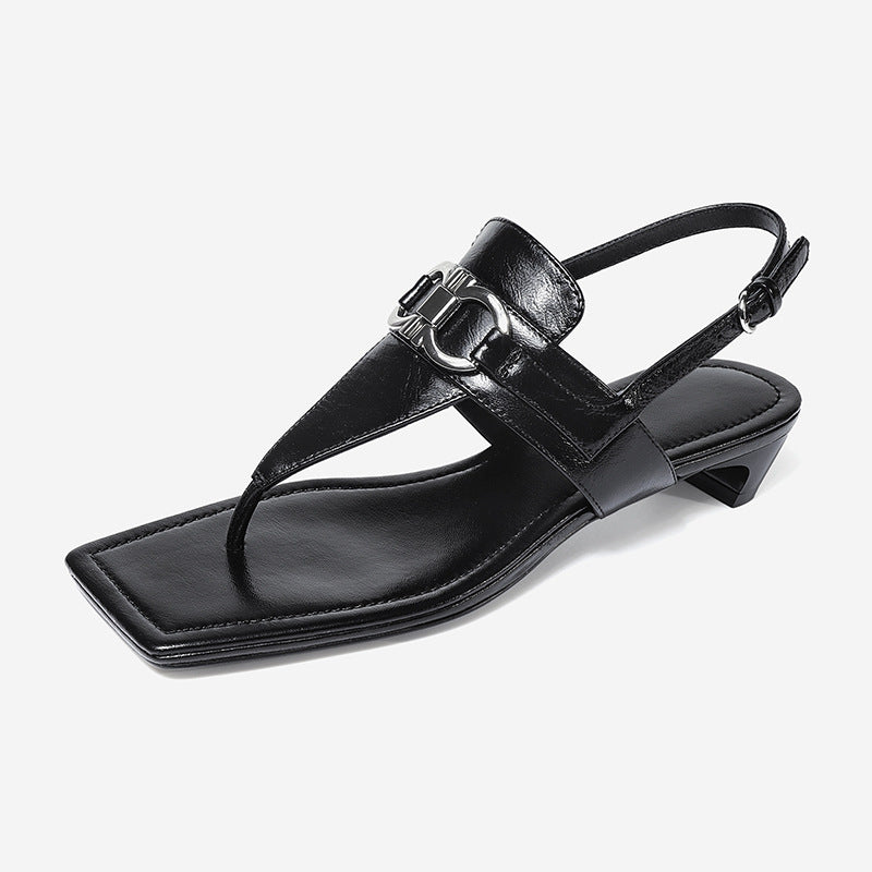 Women Flip Flops Shoes Orange Chunky Heel Party Heels New Ladies Big Size T-Strap Heeled Shoe