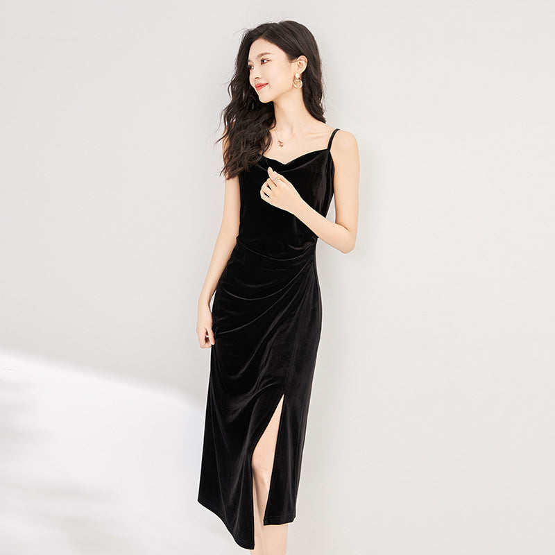 Summer Women's Spaghetti Strap Midi Prom French Vintage Velvet Dress Female Fashion Elegant Slim Evening Party Clothes Vestidos