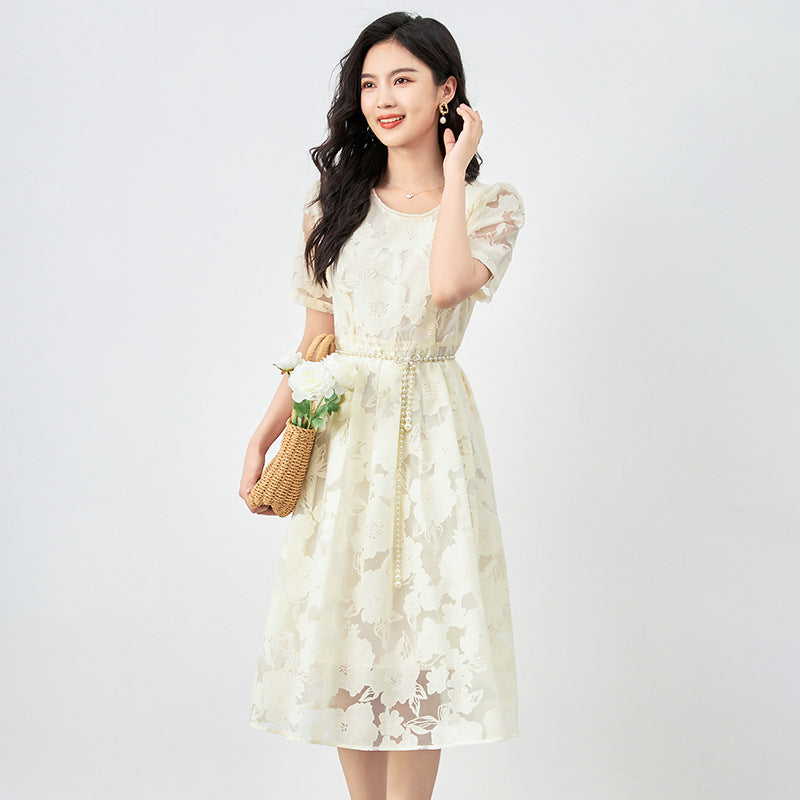 Elegant Jacquard Dress Medium Length Heavy Worked Quality Sensual Woman's Gown