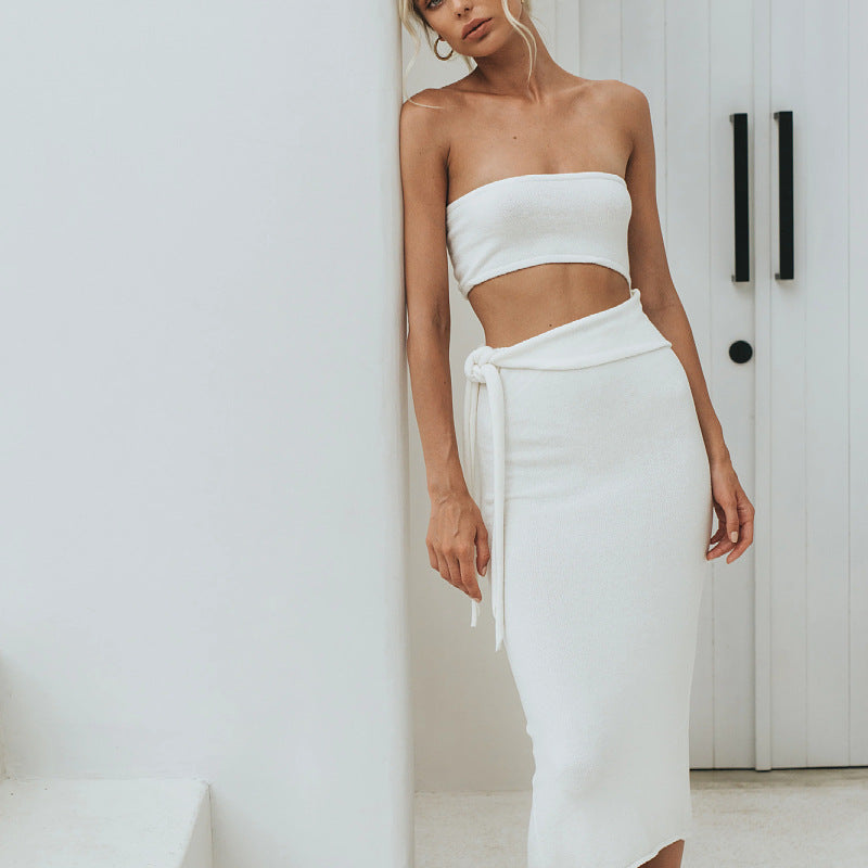 Summer Fashion Chic Women's Clothing Pure Color Slim Fit Lace Back Camisole Belt Knitted Dress