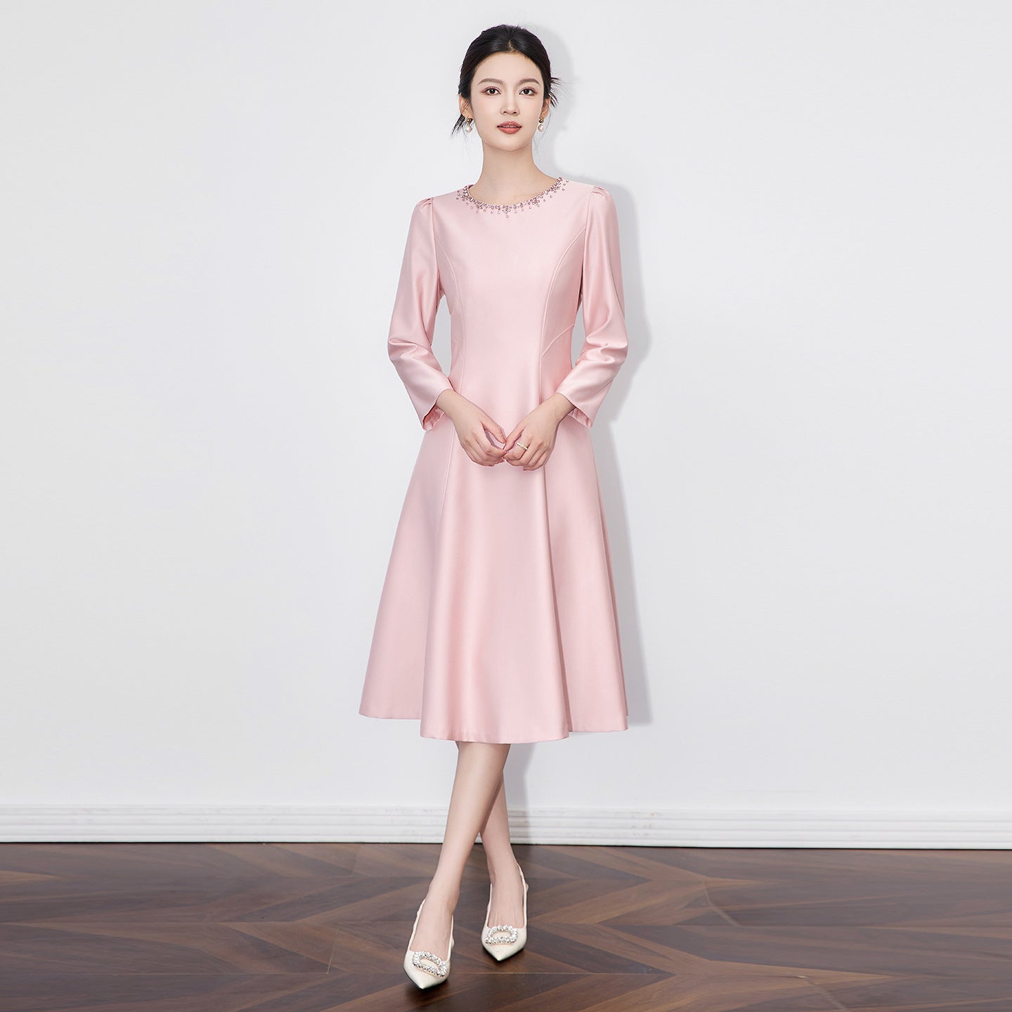 O-neck Mid Dress Spring Women Diamond Long Sleeves Loose Dresses Summer High Waist Pullover Zipper Knee Length Dress