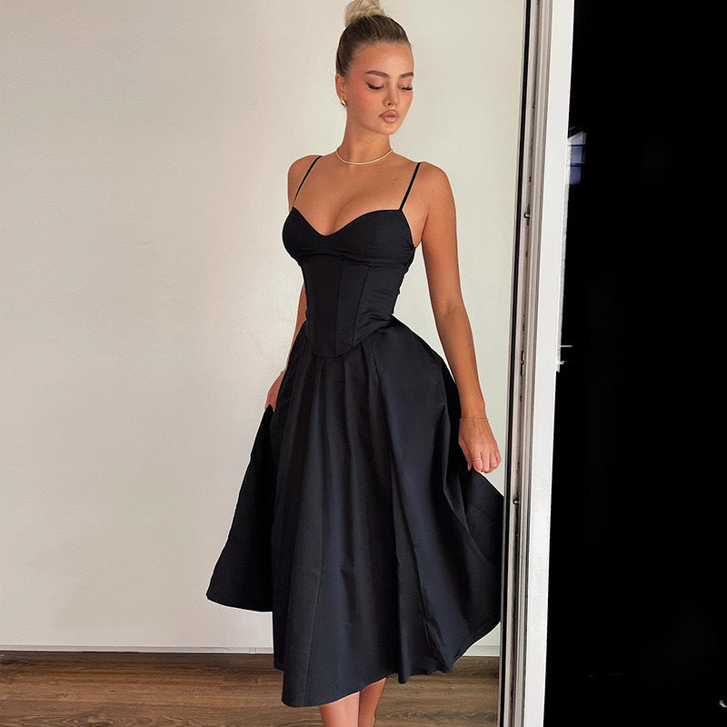 Sexy V-Neck Tank Long Dress Black Open-Back Sexy Dress Women's Summer Fashion French Style Cross-Border Design
