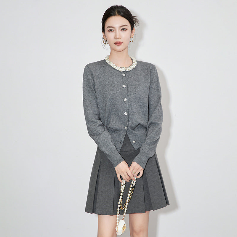 Light Sweet Gray French Age Reduction Bead Sweater Cardigan, No Pilling Knitted Cardigan Top 10% Wool Comfortable