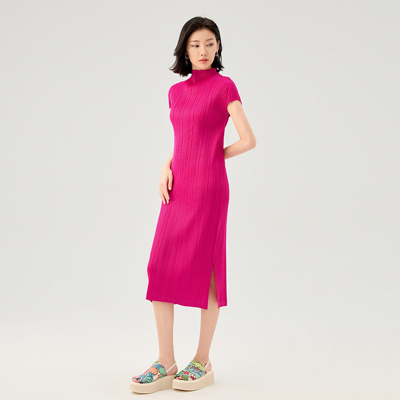 New Elegant Design Sense Thin Short-sleeved Pleated Temperament Half-high Neck A-line Skirt