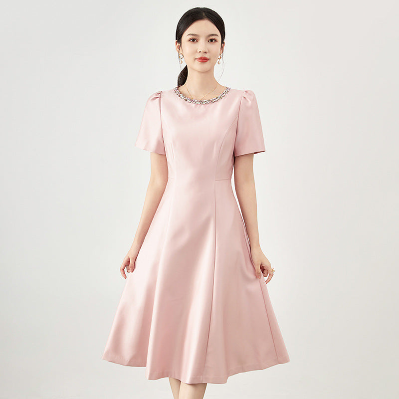 French Women's Dress Delicacy Imitation Silk Bead Diamond Round Collar Solid Color Short Sleeved Skirt Luxury Elegant Dress
