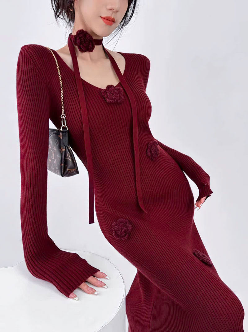 Flowers Knitted Long Dresses Solid Autumn Winter Korean Fashion Vestidos Mujer V Neck Elegant Retro Women Dress
