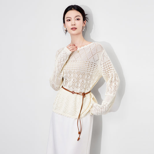 100%Wool Elegant Sweater, Women V Neck Hollow-out 3D Floral, Versatile Soft Loose Knit Sweater