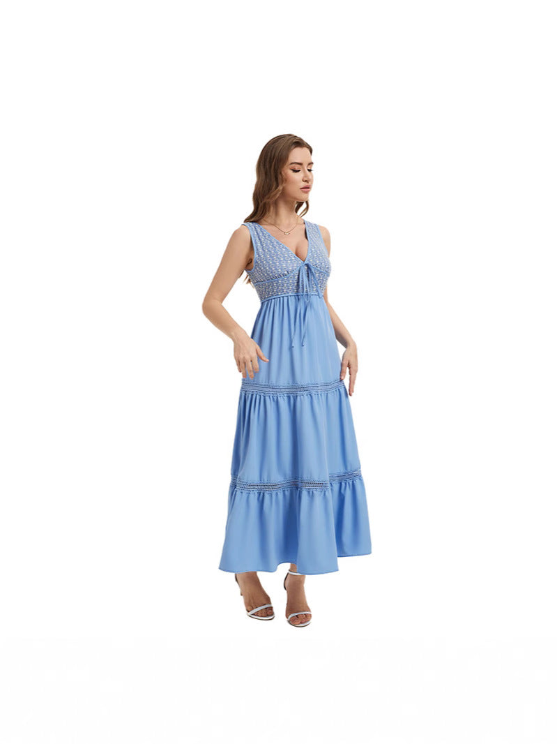 Summer Hot Beach Vacation Solid Color Suspender With Black Fungus Edge High Waisted Dress