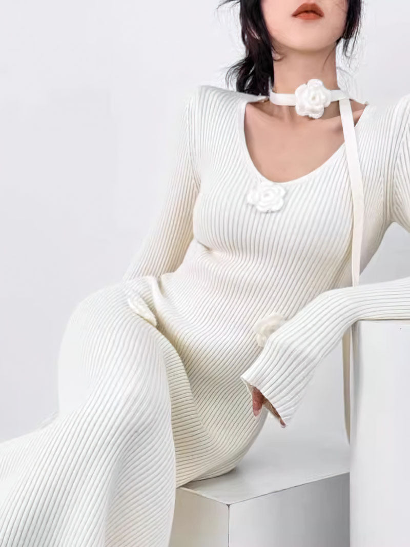 Flowers Knitted Long Dresses Solid Autumn Winter Korean Fashion Vestidos Mujer V Neck Elegant Retro Women Dress
