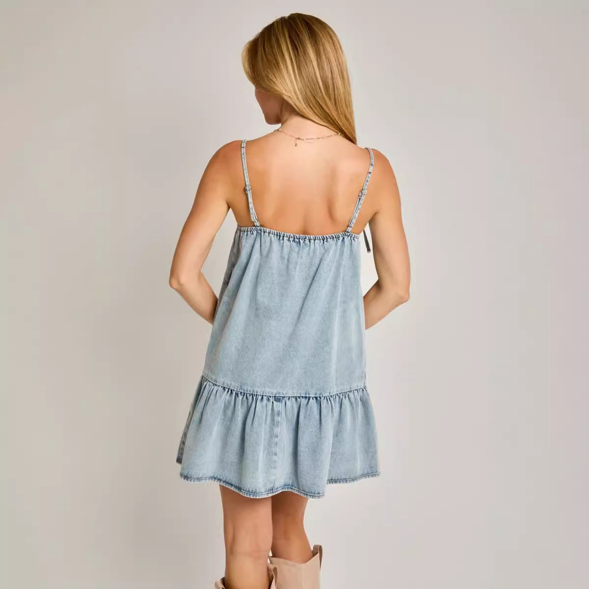 High Waist Slim Fit Women Lace-up Suspenders Denim Dresses Backless Zipper Splice Dress