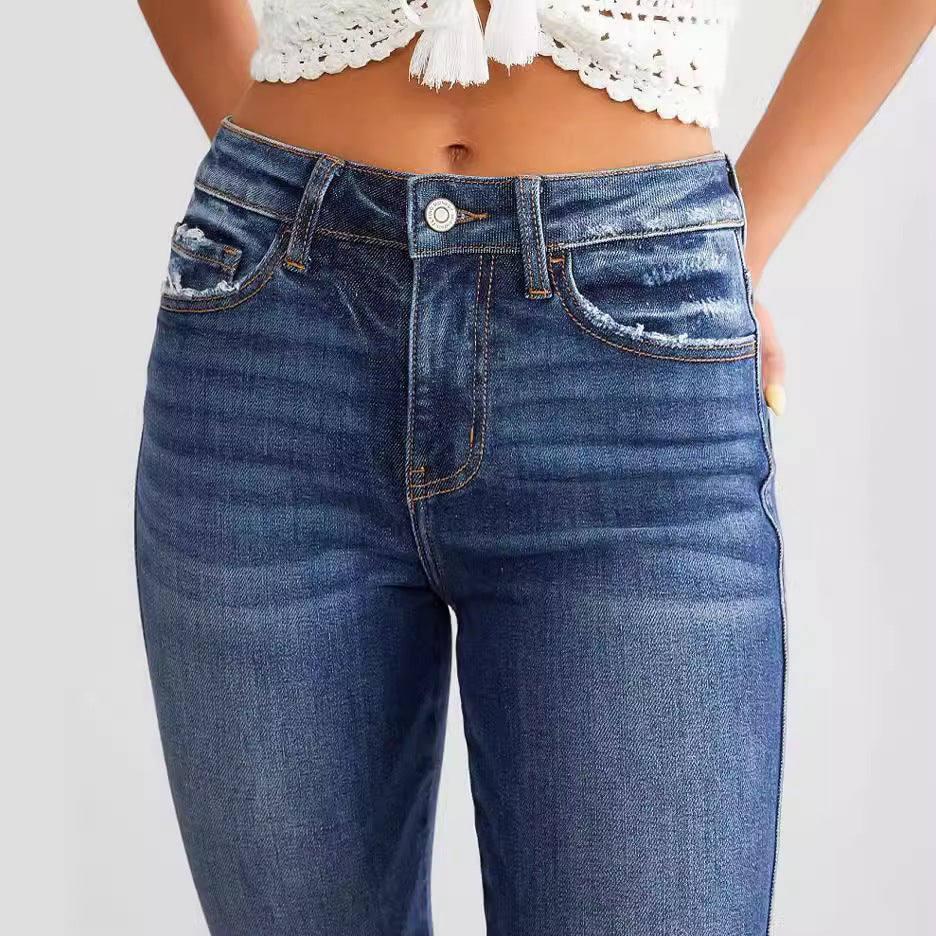 Girls Fashion High-Waisted Stretch Leg Slit Slim Jeans