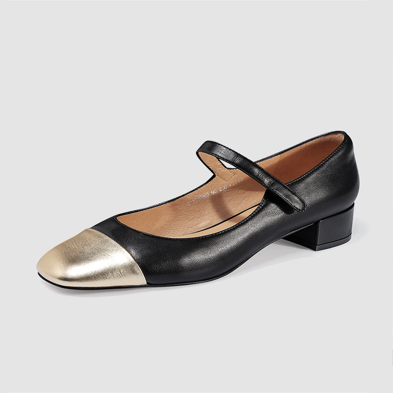 Women Luxury Brand Natural Leather Pumps Mix-color Strap Buckle Mary Jane Block High-Heels Shoes Lady Office Party