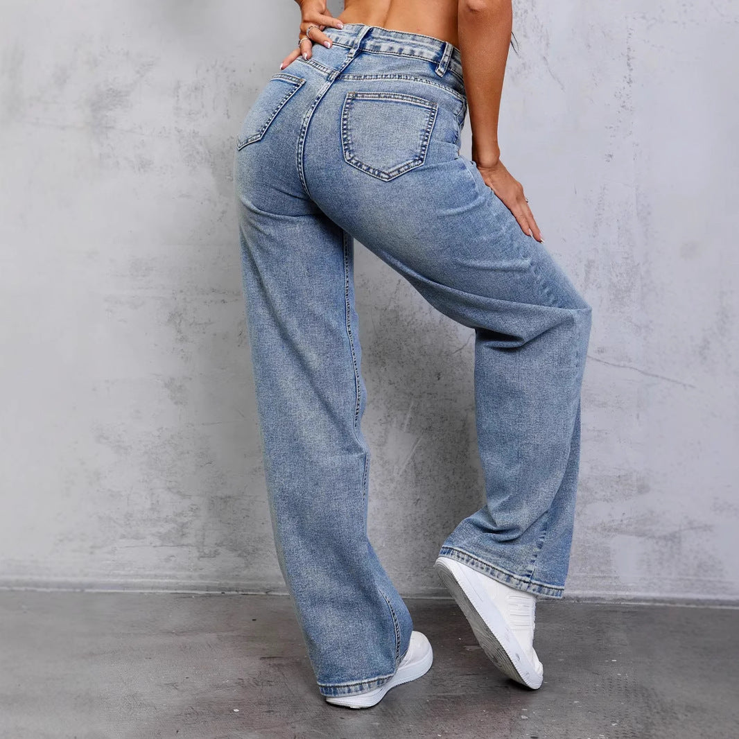 Autumn Winter Solid Color Loose Denim Pants Women Low Waist Wide Leg Trousers with Multi Pockets Streetwear