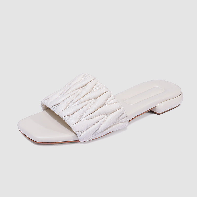 Fashion Solid Genuine Leather Open Toe Slippers Comfortable Non-slip Women's Low Heel Sandals