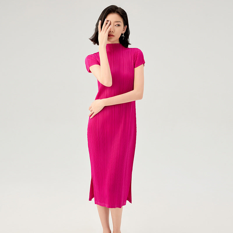 New Elegant Design Sense Thin Short-sleeved Pleated Temperament Half-high Neck A-line Skirt