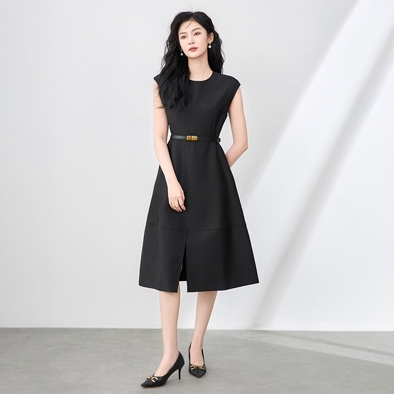 Elegant Black Satin Sleeveless round Neck Dress Women's Mid-Length Pure Color Design Spring Summer New Style Fashion Dress